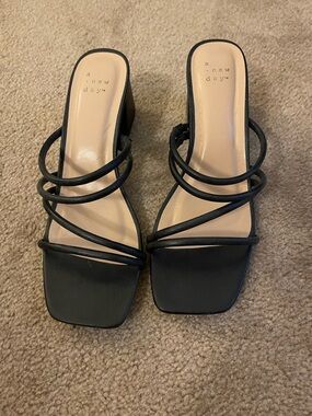 a new day Black Strappy Square-Toe Block Heel Sandals